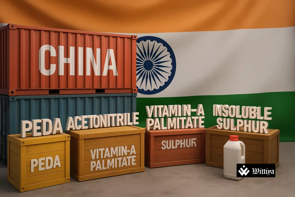 Shipping containers and chemical barrels between India and China as trade tensions escalate