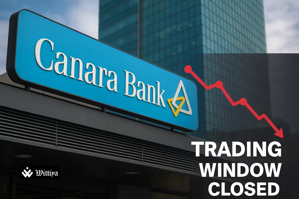 Canara Bank building with compliance notice on insider trading restrictions before financial results