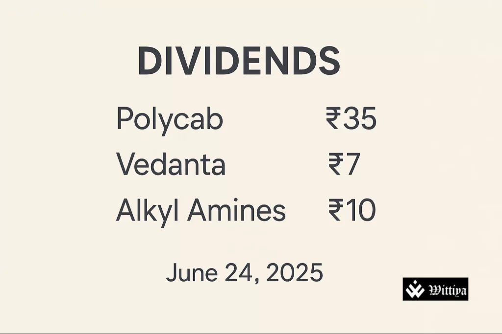Logos of Polycab, Vedanta, and Alkyl Amines with dividend declaration notices dated June 24
