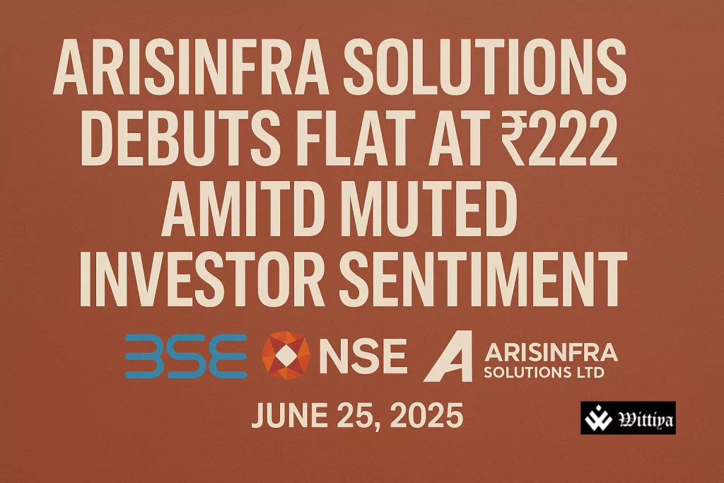 Arisinfra company logo in front of a stock chart showing flat IPO listing