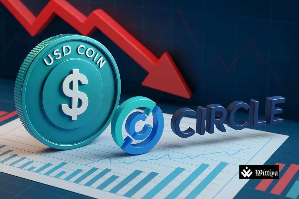 A falling stablecoin icon on a global financial chart symbolizing market instability