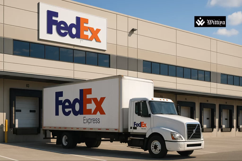 FedEx delivery truck operating near warehouse as company posts $22.22B revenue