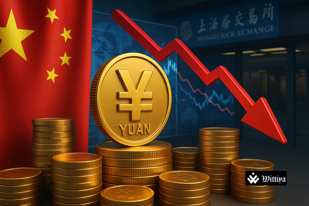 Chinese Yuan and US Dollar currencies on opposing sides of a financial graph