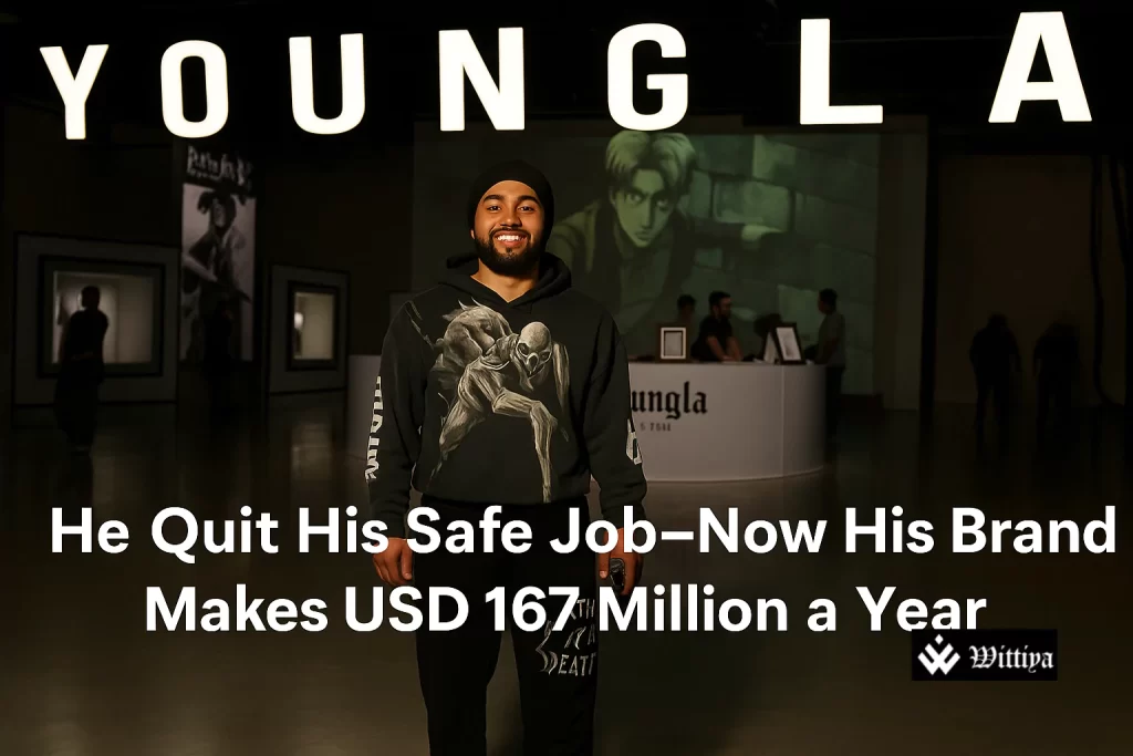 Entrepreneur in front of successful brand’s flagship store after quitting his job