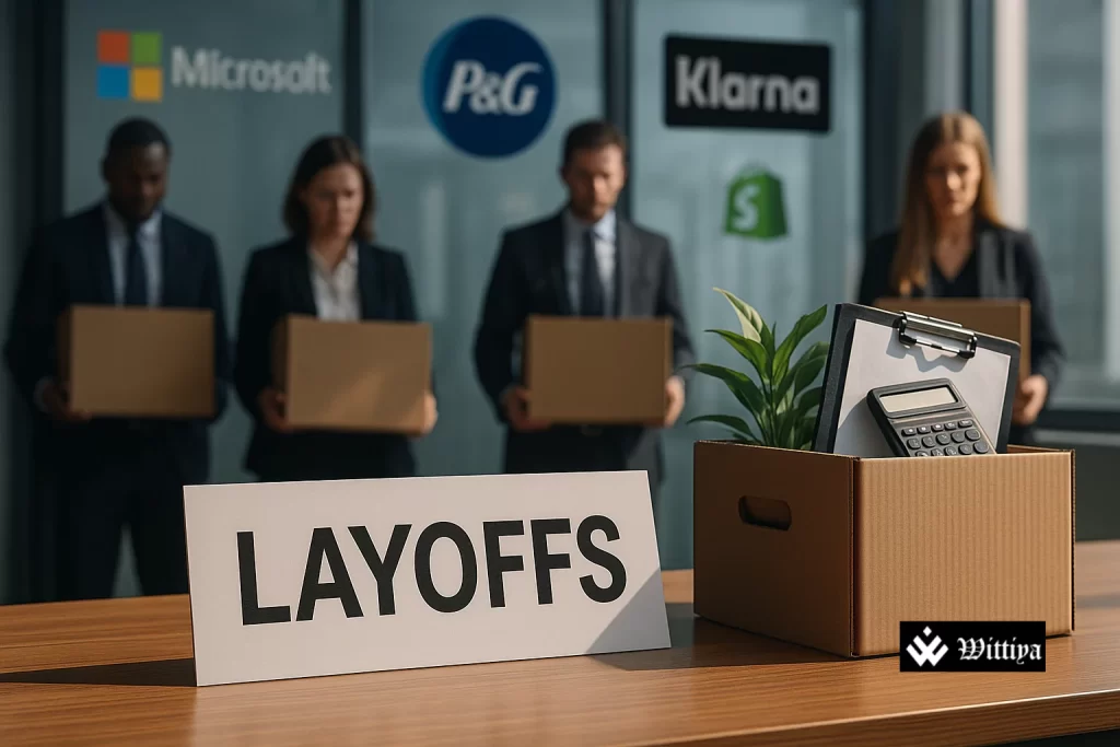 Empty office desks with layoff headline reflecting corporate downsizing in 2025