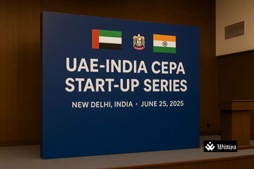 UAE and Indian entrepreneurs shaking hands with national flags symbolizing startup collaboration