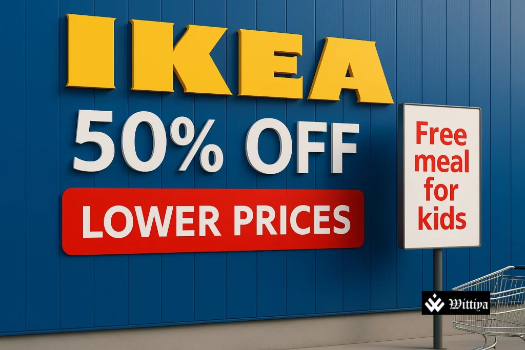 Families shopping at IKEA store with furniture displays and food court