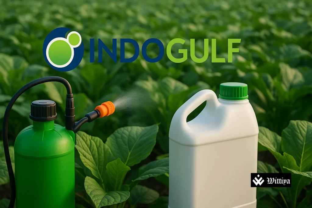 Indogulf Cropsciences IPO announcement board with stock market background