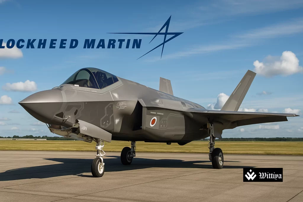 UK F-35 fighter jet with NATO flag and nuclear warning symbol on airbase runway