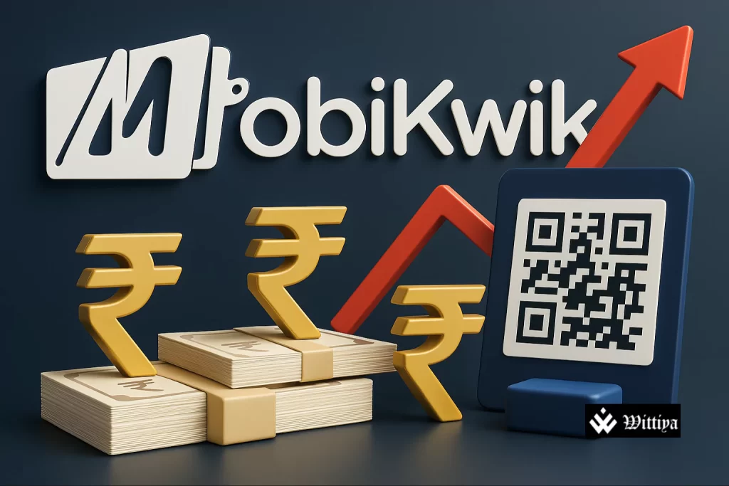 Mobikwik logo with digital transaction visuals and block trading graph overlay