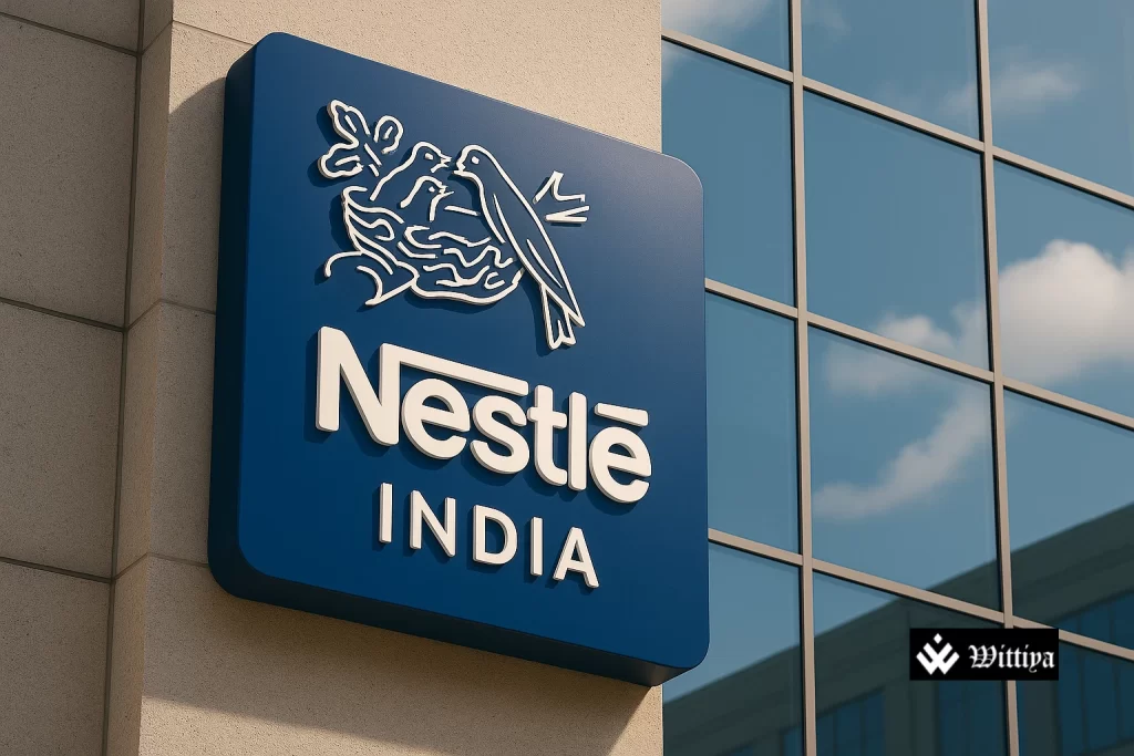 Nestlé India logo with bonus share certificate and stock market chart