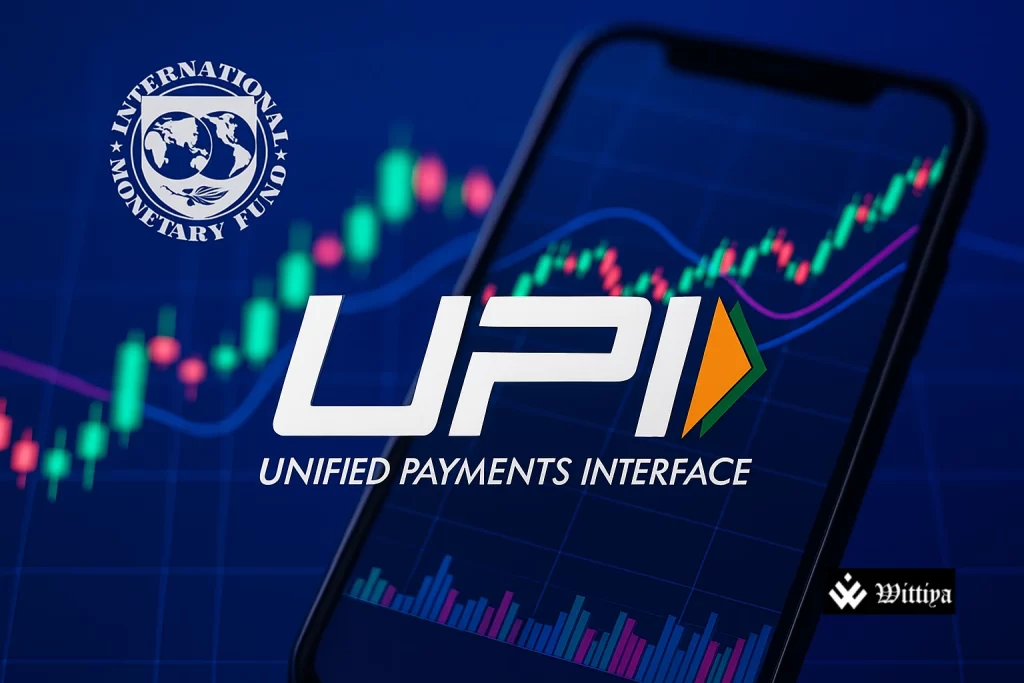 Smartphone showing UPI payment interface with global map overlay and IMF logo