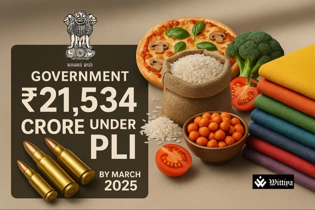 Government PLI cheque overlayed on pharma, food, and textile production visuals