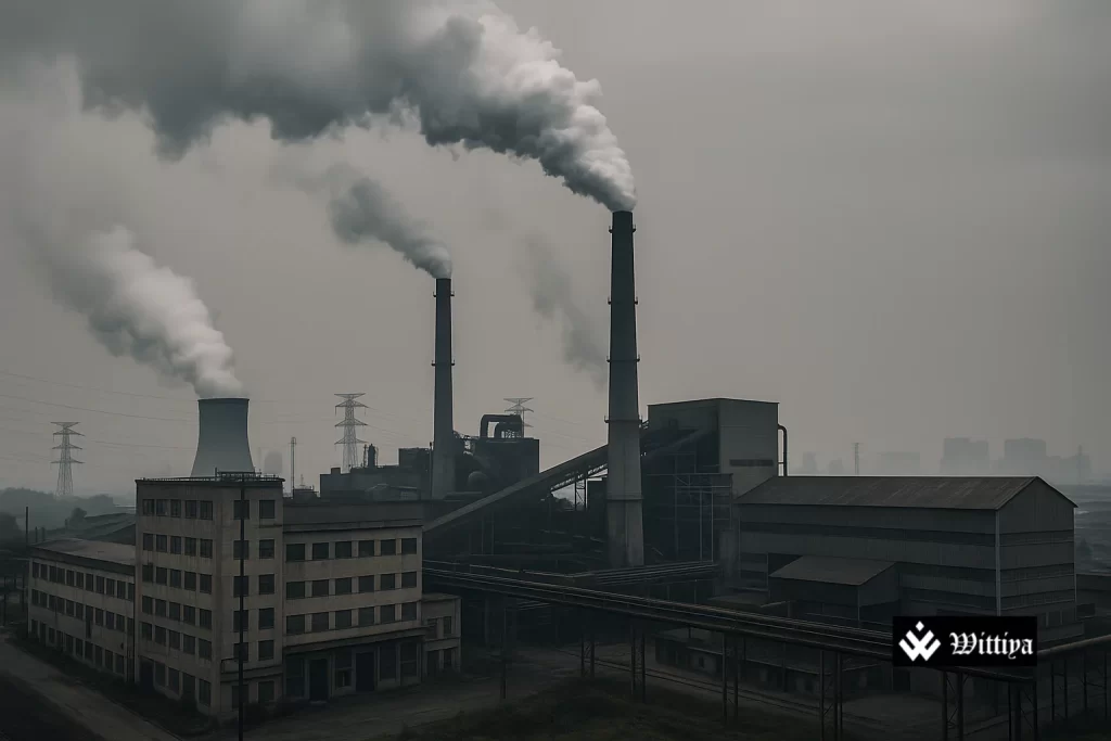 Chinese industrial zone with declining profit chart reflecting economic slowdown