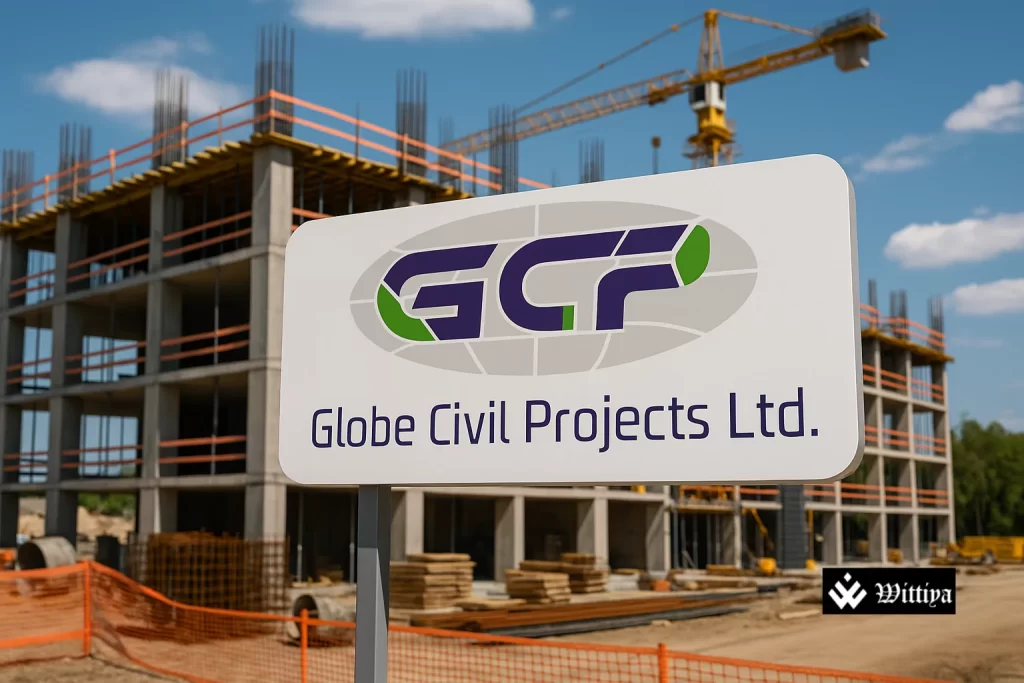 Construction site banner reading “Globe Civil Projects” with stock market news overlay