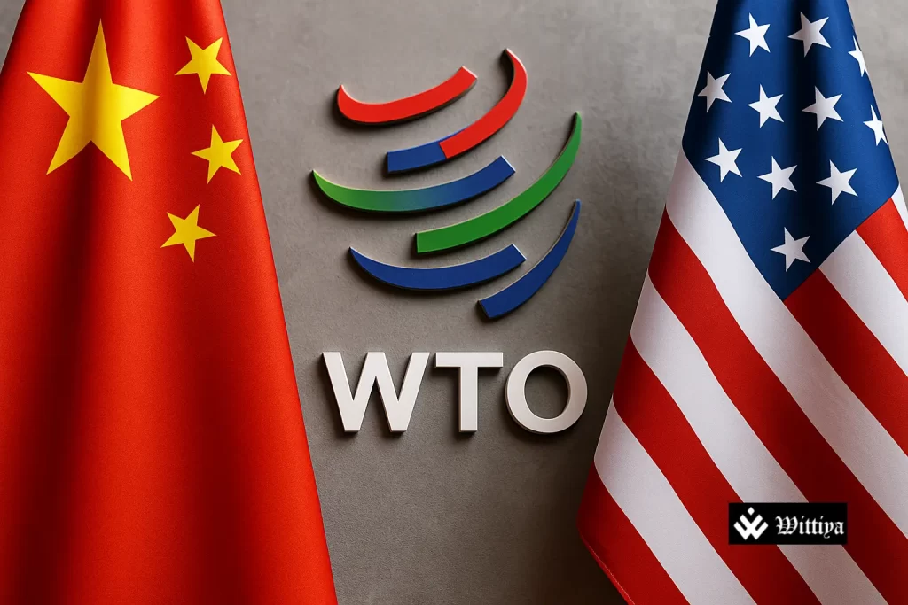 China and United States flags at WTO headquarters symbolizing trade negotiations