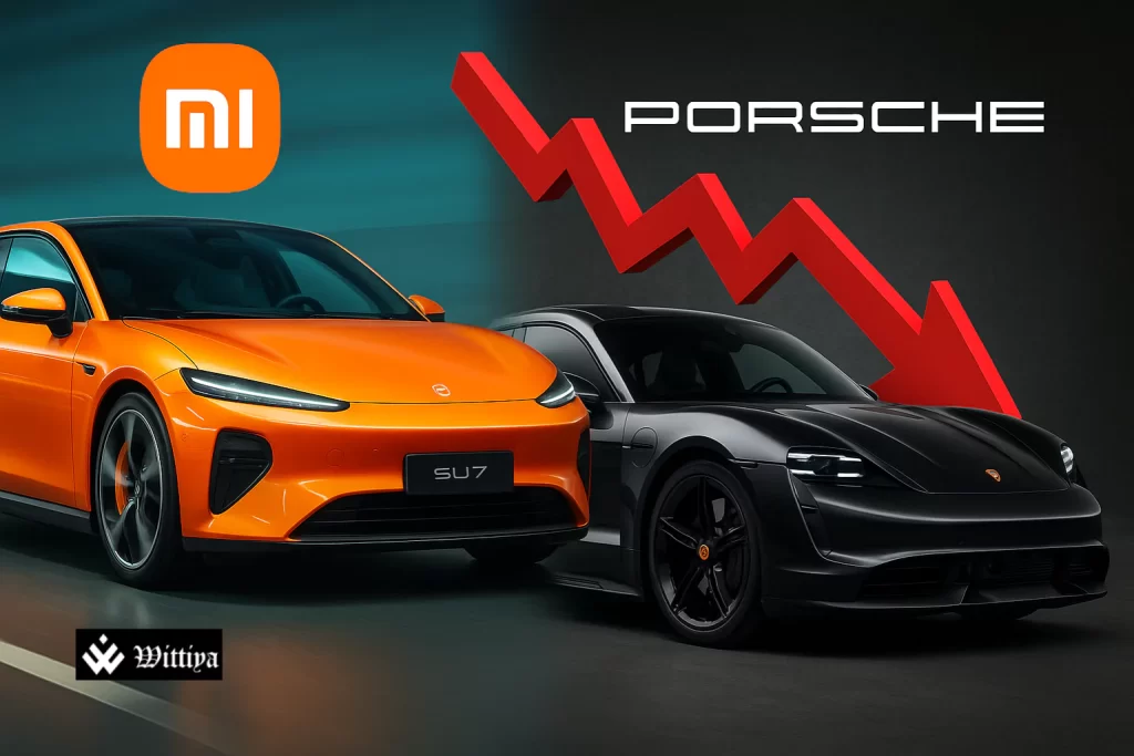 Xiaomi electric vehicle showcasing sleek design in front of Porsche showroom