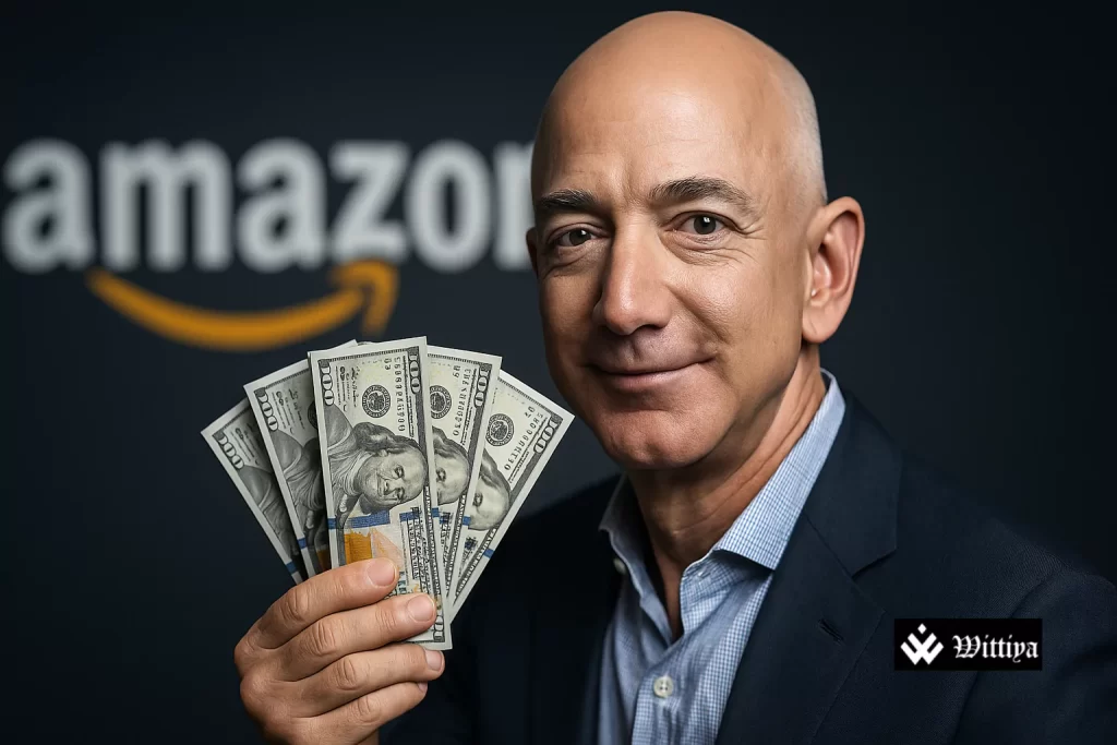 Jeff Bezos at a conference with Amazon logo in background amid stock sale discussions