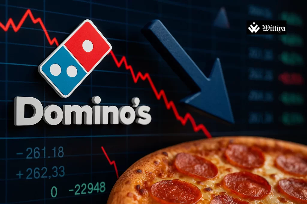Domino’s Pizza sign with trading chart overlay showing share price plunge to 2013 levels