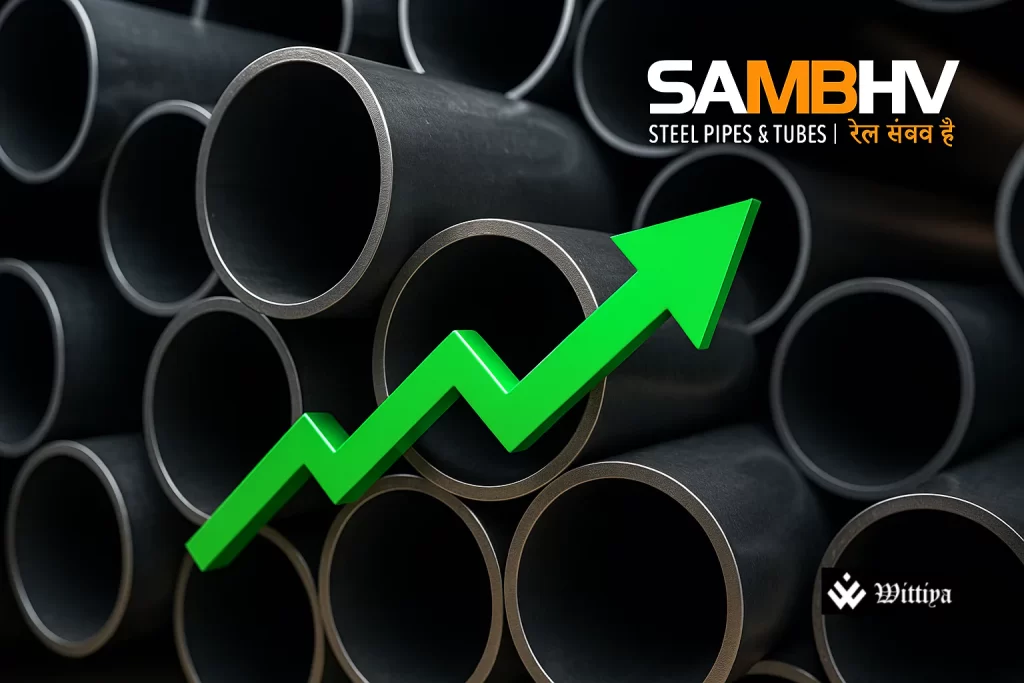 Sambhv Steel Tubes logo with rising stock chart showing strong debut in India