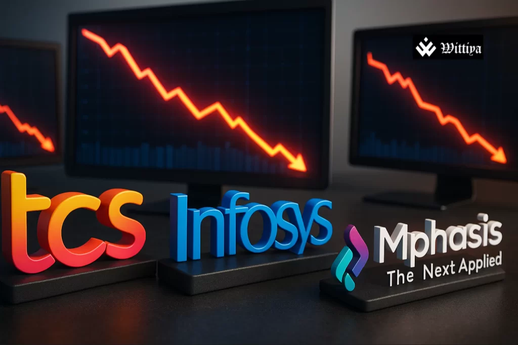 IT professionals working on AI systems in an office with charts showing slowdown in India’s Q1 growth