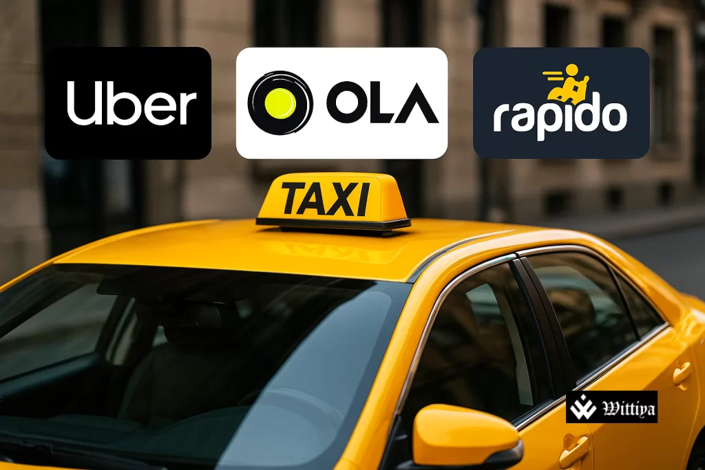 Ride‑hailing app screen showing updated cab fares in India with rideshare vehicles in the background