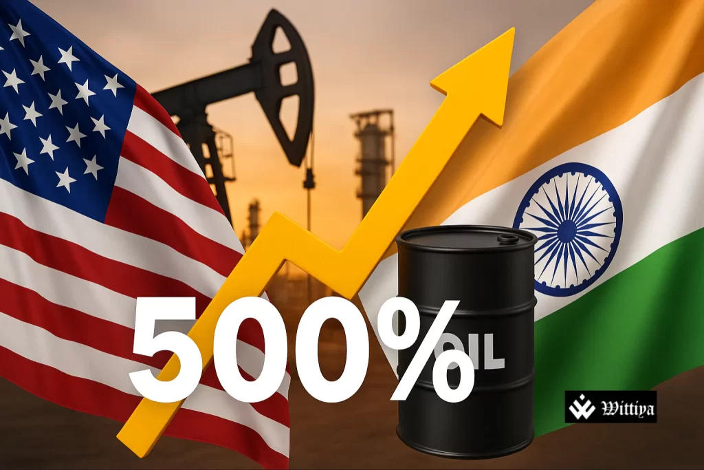 India’s oil refinery with U.S. and Indian flags overlay amidst global energy policy tension