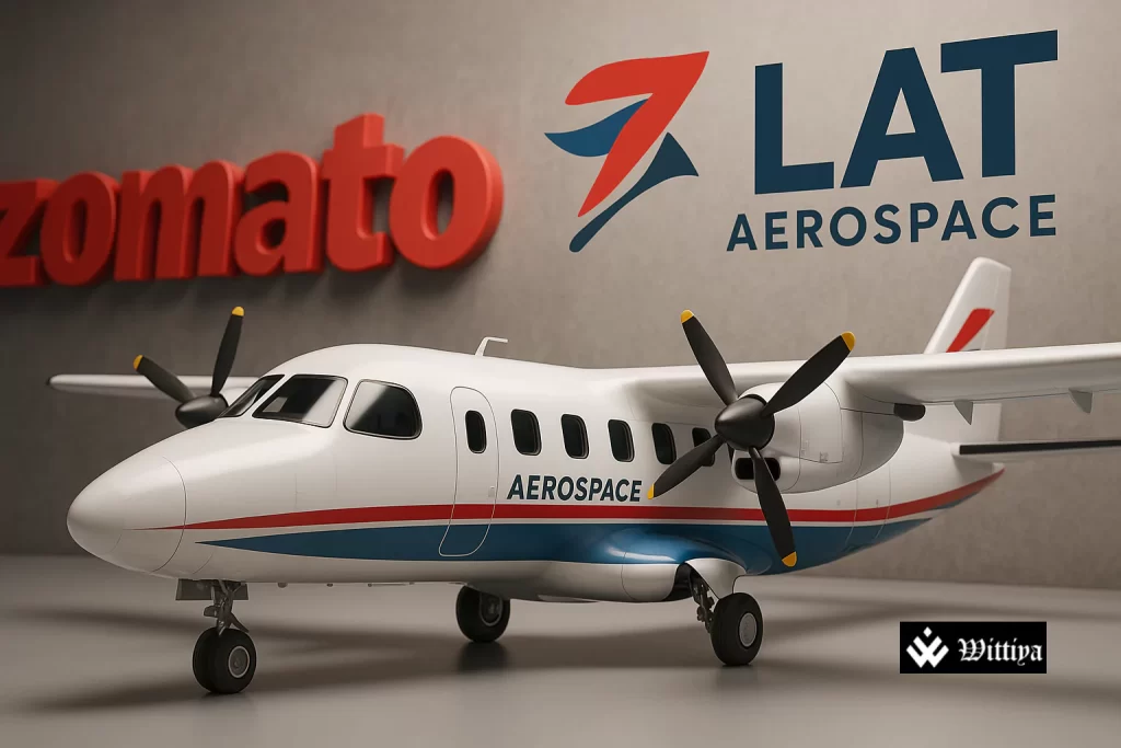 Deepinder Goyal speaking beside Zomato logo and futuristic aircraft concept