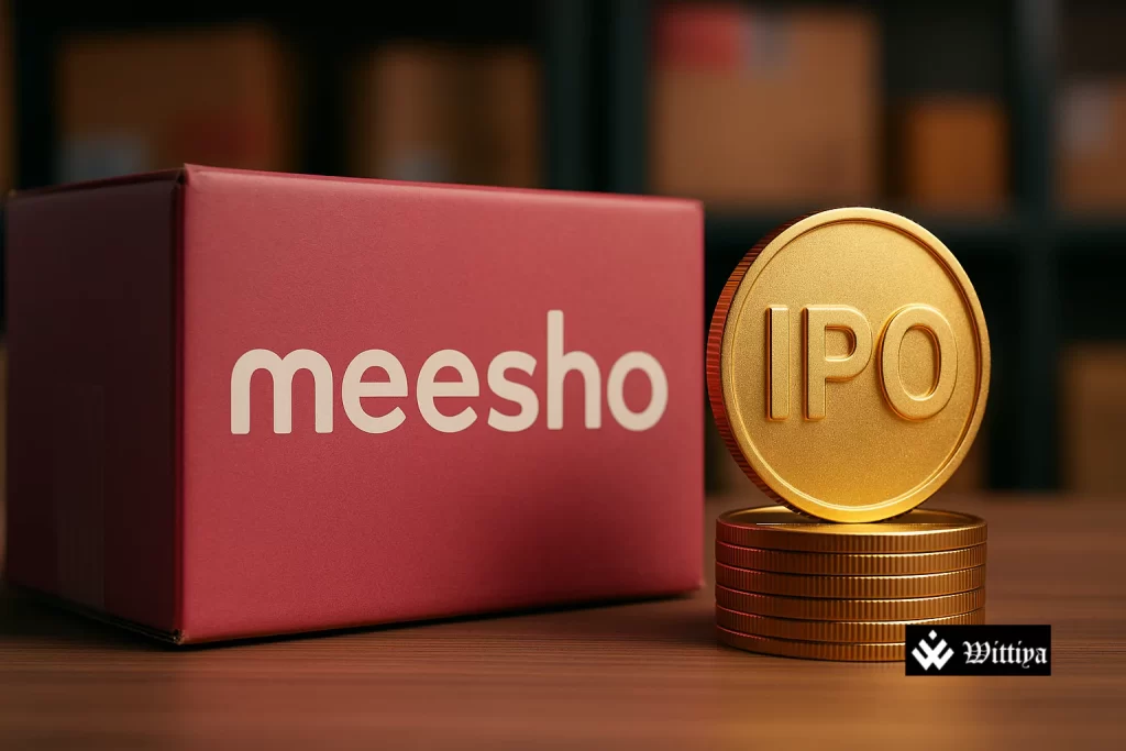 Meesho logo displayed on mobile app screen with investors monitoring IPO charts