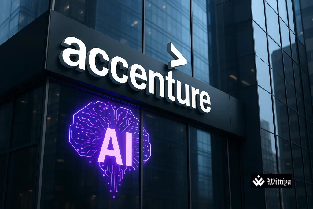 Accenture logo beside financial charts showing AI-driven revenue and bookings surge in Q3