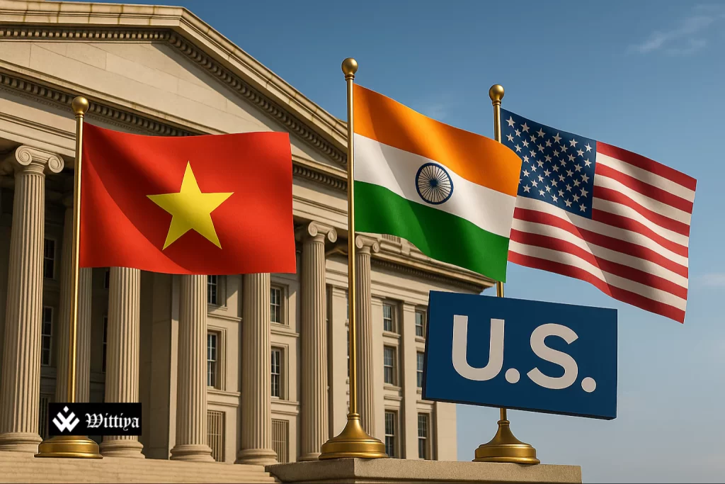 Flags of India, Vietnam, and the EU with trade chart overlays indicating new agreements