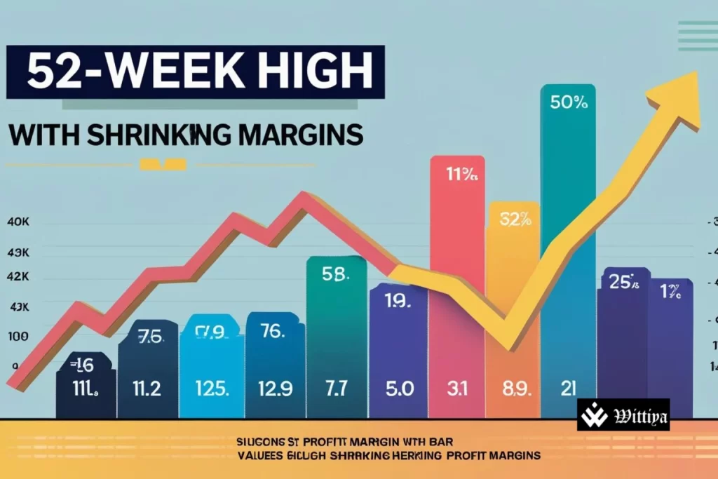 Stock price hitting 52-week high next to shrinking profit margin bars