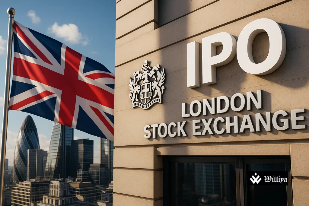 London Stock Exchange building with downward trending IPO chart overlay
