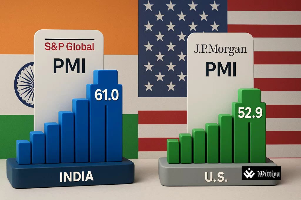 Global growth shift depicted by U.S. and India flags with rising and falling economic charts