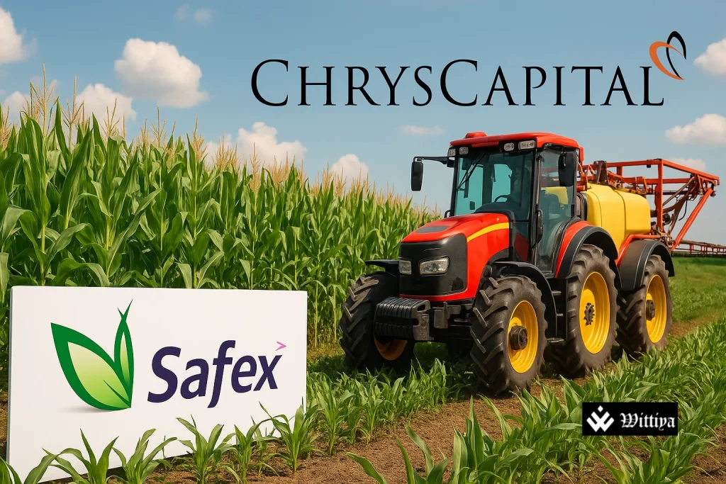 Safex Chemicals logo with agrochemical plant imagery and IPO charts