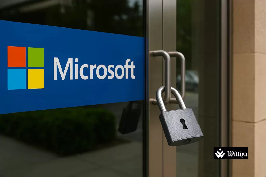 Microsoft logo on closed office door in Pakistan after 25 years
