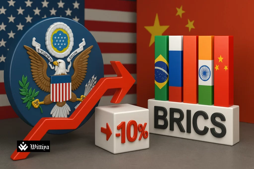 Flags of the U.S. and BRICS nations facing each other with a globe in the background