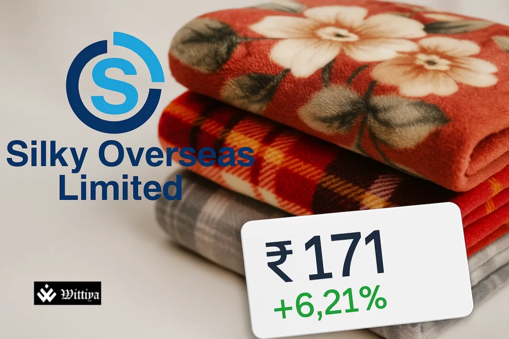 Silky Overseas logo on a listing board at NSE SME with textile fabrics in foreground
