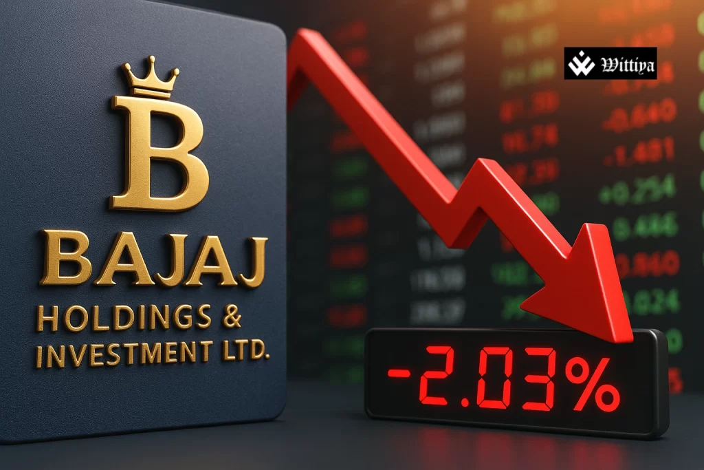 Bajaj Holdings headquarters with falling stock chart overlay