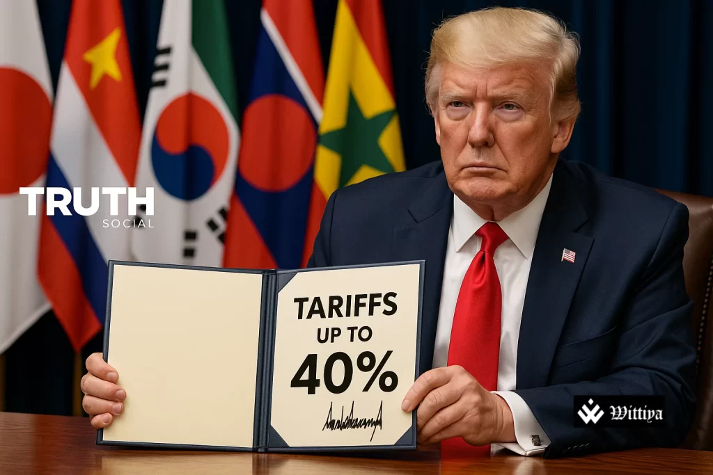 Former U.S. President Donald Trump with global trade and tariff graphics