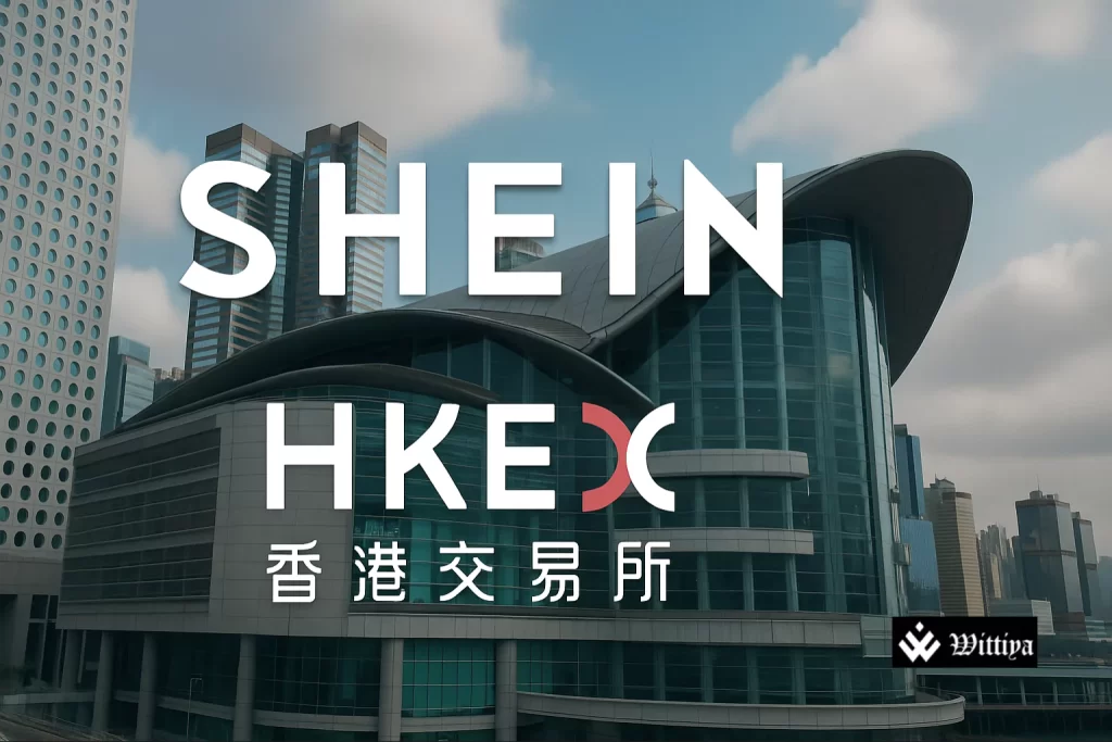 Shein logo displayed with Hong Kong skyline and stock exchange visuals