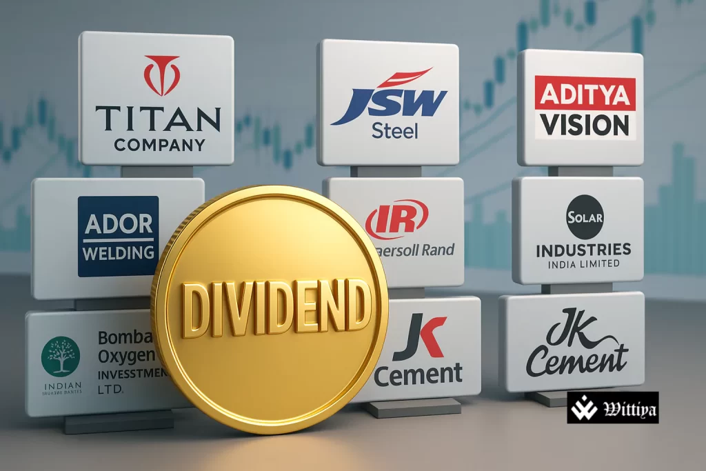 Dividend announcement visuals with calendar marked for July 8 and stock market charts