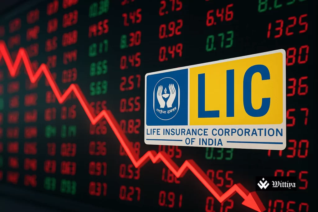 LIC building with falling stock graph, indicating decline after government’s OFS approval