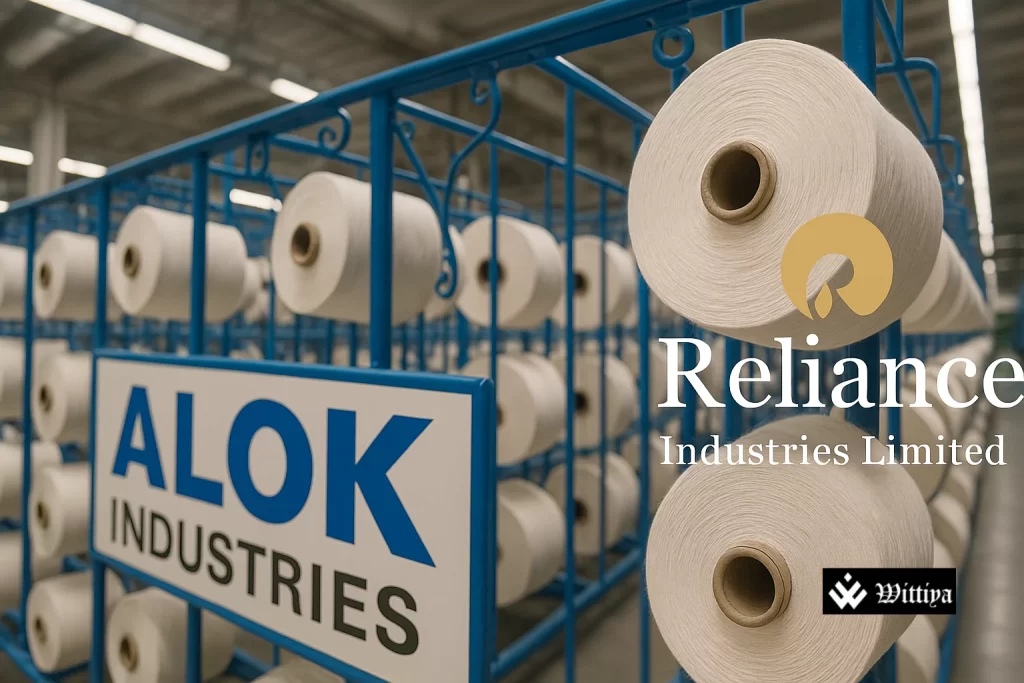 Alok Industries building with financial charts representing upcoming Q1 FY26 results
