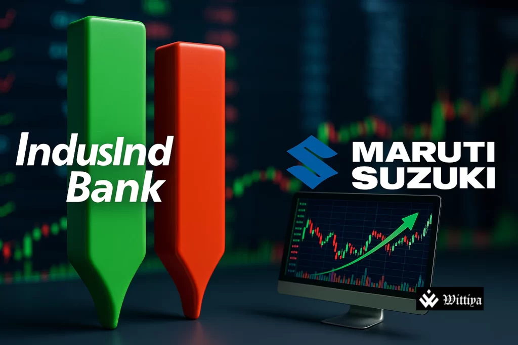 Logos of IndusInd Bank and Maruti Suzuki on a Nifty 50 stock board