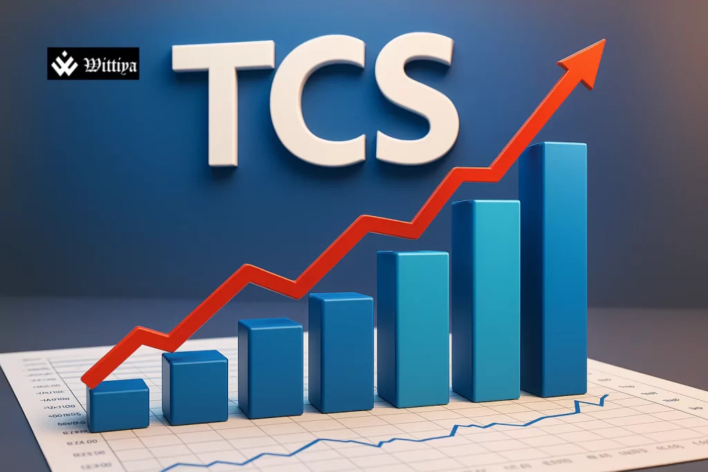 TCS logo with financial charts indicating profit dip and dividend focus for Q1
