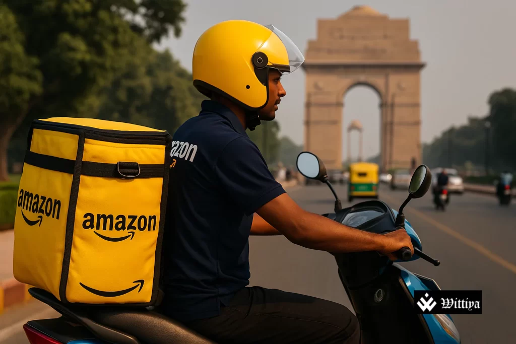 Amazon delivery rider handing a package to a customer in Delhi under rapid delivery scheme