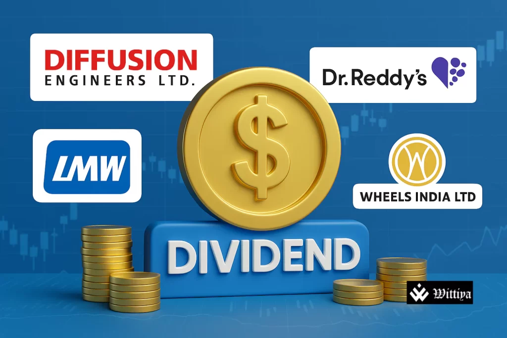 Stacked dividend certificates and rupee coins representing India’s top firms distributing dividends in July