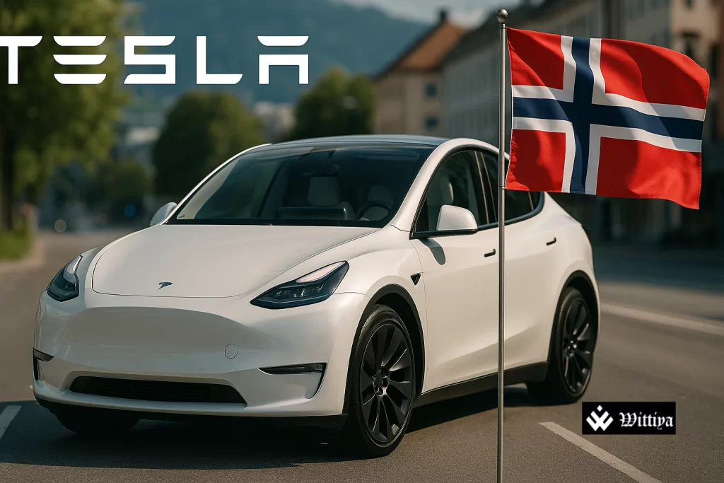 Tesla Model 3 charging at a public station in Norway with fjord landscape in the background