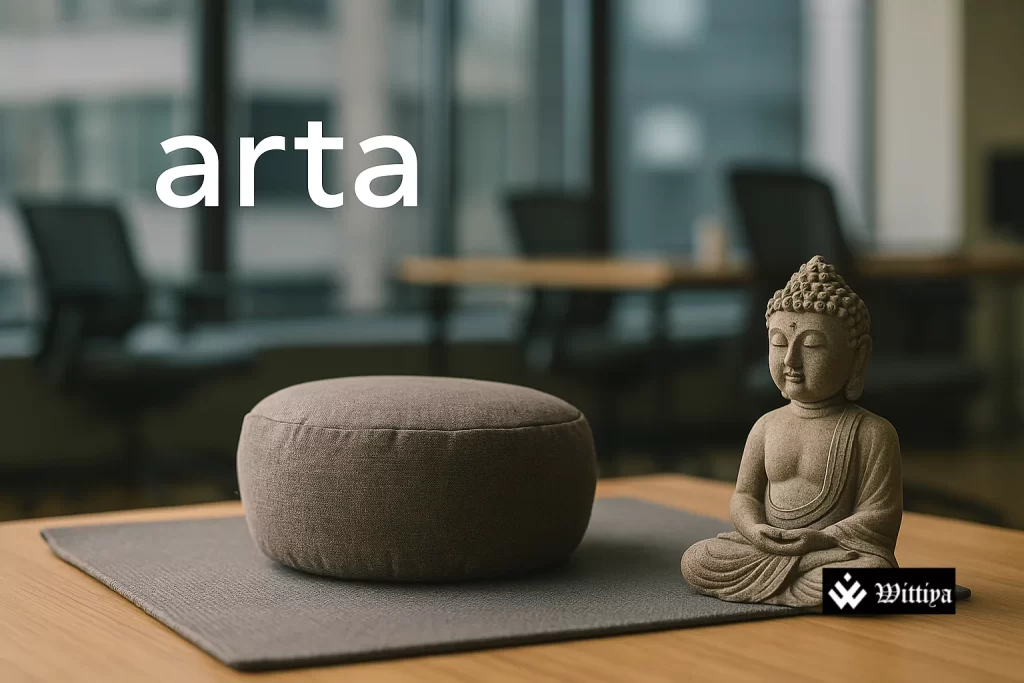 Arta Finance logo displayed alongside Sundar Pichai speaking at a startup event